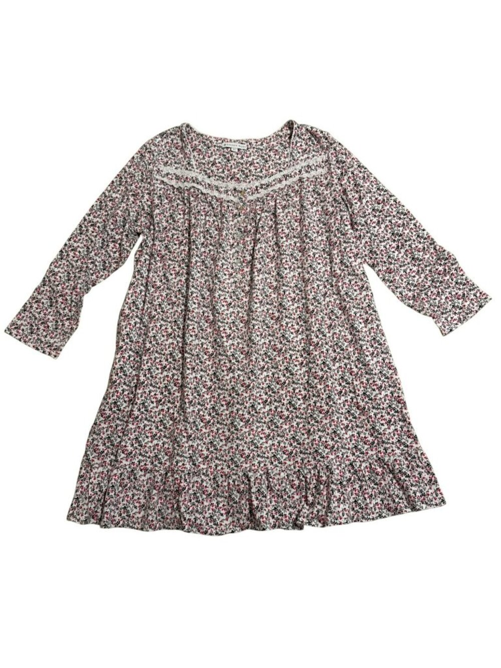 Eileen West Womens Floral Nightgown XL Lace Trim Cotton Long Sleeve Berry Print